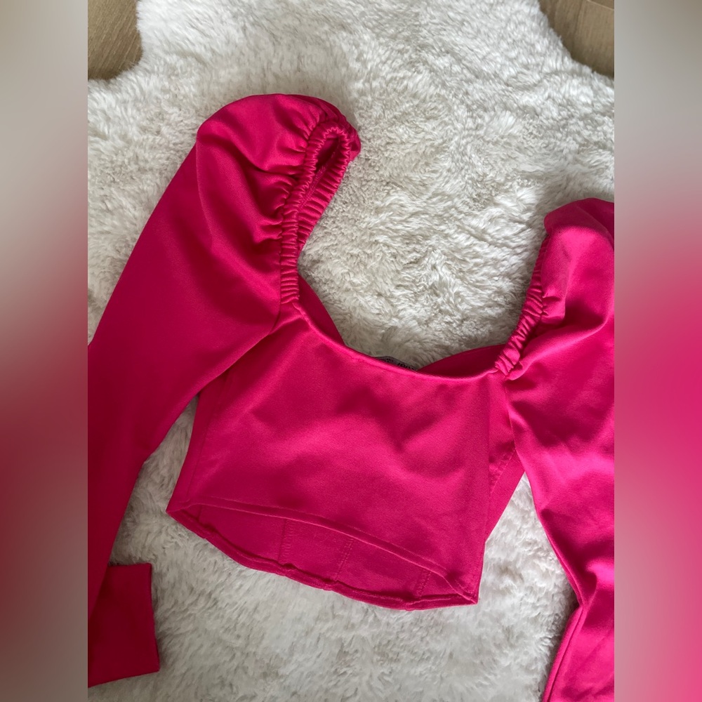 Sold Zara Hot Pink Corset Crop Long Sleeve Top with Puff Sleeves Size S - Picture 5 of 6